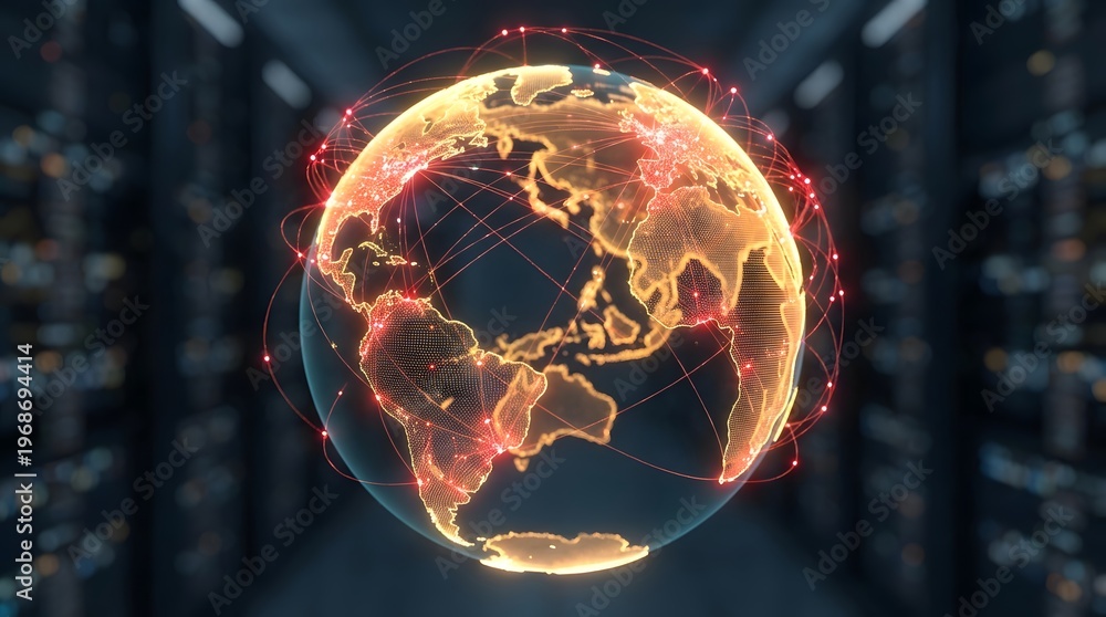 Fototapeta premium Glowing digital globe with network connections in data center environment, global data flow concept, cloud computing, cybersecurity, internet infrastructure and futuristic technology
