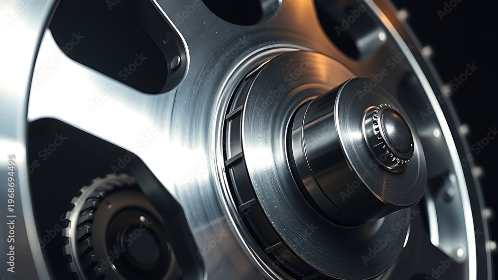 Fototapeta premium industrialdesign. Close-up of a polished industrial metal wheel with intricate mechanical details on a dark background. safety posters.