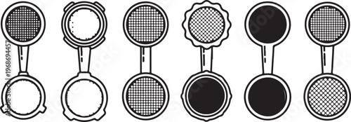 Illustrated collection of six different drumstick shapes and tennis racket designs Vector