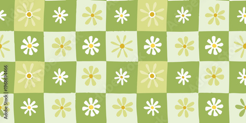 A checkered pattern featuring stylized white and yellow daisy like flowers
