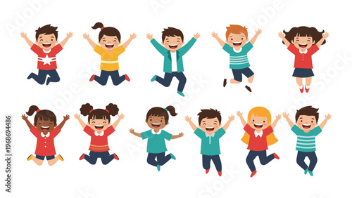 Diverse group of happy children jumping high in the air with their hands raised, capturing a moment of pure joy, excitement, and energy.