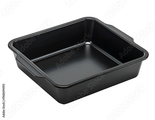 Black square baking pan with handles, clean and empty