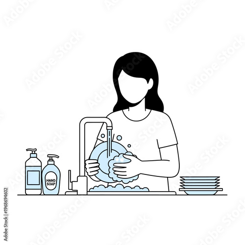 Woman washing dishes with soap and water, clean kitchen routine, household chore