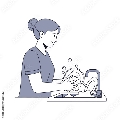 Woman washing dishes with sponge and soap suds at sink, everyday chores, hygiene concept