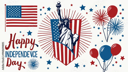 4th of July, Independence Day, American patriotic icons, USA flag, fireworks, vector graphics
