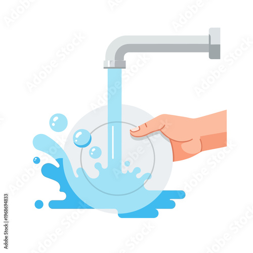 Hand washing a plate under running water from a faucet, with splashing water and bubbles