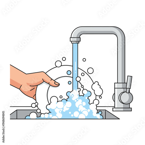 Hand washing a plate under running water with soap bubbles in a sink