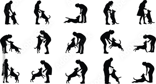 Dog training silhouette set featuring people teaching, rewarding, playing, and bonding with pets for canine behavior, obedience, veterinary, and animal care.