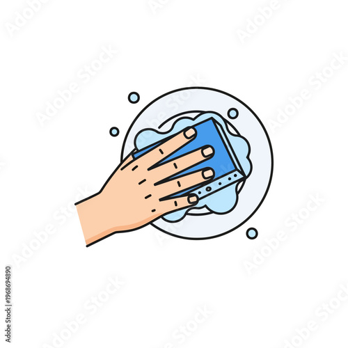 Hand washing a plate with a blue sponge and soap bubbles, cleaning kitchenware