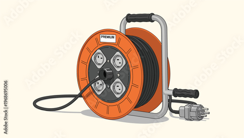 Heavy duty portable extension cord reel with multiple power outlets and a plug, essential for construction and home improvement projects.
