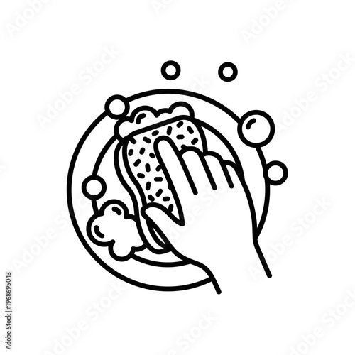 Hand washing dish with sponge and soap bubbles, iconographic illustration