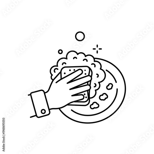 Hand washing dish with sponge and soap bubbles, kitchen cleaning, hygiene concept, line art