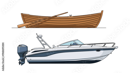 Side view comparison between a traditional brown wooden rowboat with an oar and a modern white powerboat with an outboard motor.