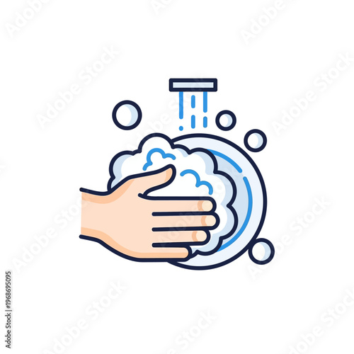 Hand washing dishes with soap bubbles and running water, hygiene concept illustration