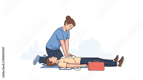 Brave woman performing life-saving CPR on an unconscious man lying on the ground, illustrating emergency first aid and rescue techniques.