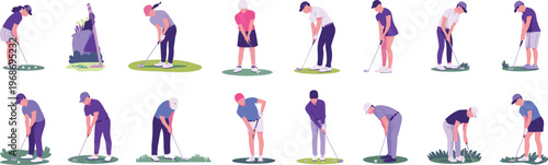 Flat minimalist vector set of golfers putting and preparing shots for sports and leisure design