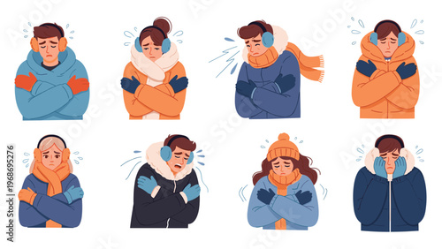 Group of people shivering and suffering from the biting cold while wearing thick winter jackets, hats, scarves, and earmuffs.