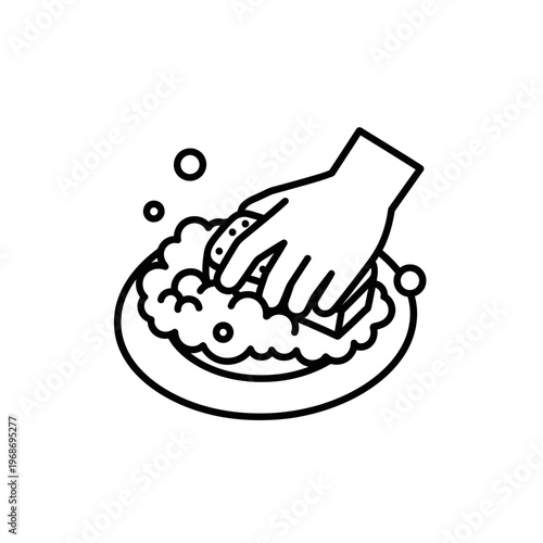 Hand washing plate with sponge and soap bubbles, line art icon