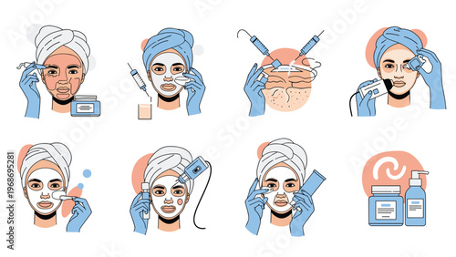 Comprehensive set of skin care and facial treatment illustrations showing masks, injections, and professional beauty procedures.