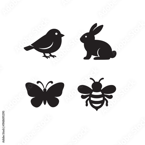 Black silhouettes of a bird rabbit bee and butterfly illustration