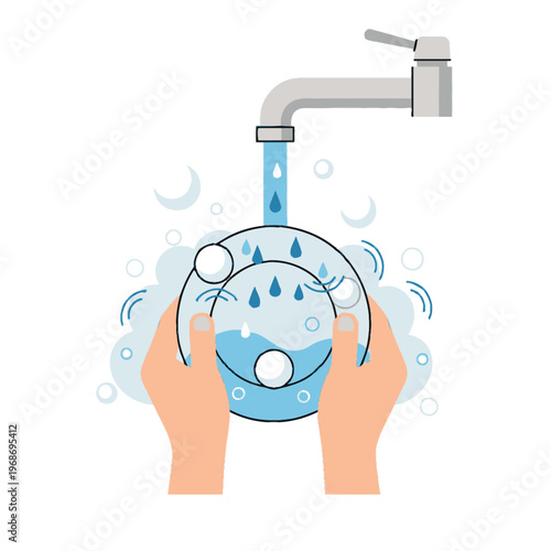 Hands washing a plate under running water with soap bubbles and water drops