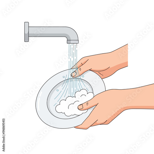 Hands washing a plate under running water with soap bubbles, kitchen hygiene concept