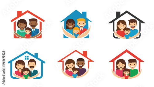 Series of diverse family logos showing parents and children protected inside a house shape, emphasizing home safety and unity.