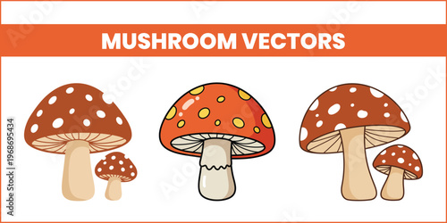 Collection of cartoon mushroom vectors with red caps and white spots on a white background
