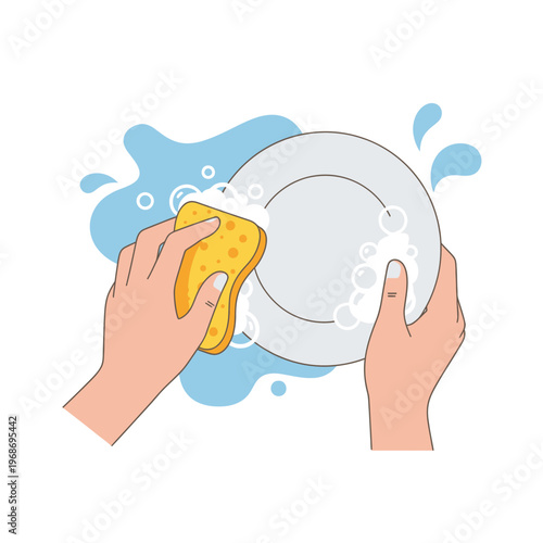Hands washing a plate with a sponge and soap bubbles, hygiene and cleaning concept