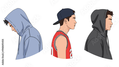 Three profile views of a stylish young man wearing a hoodie and a baseball cap, showcasing different casual urban streetwear looks.