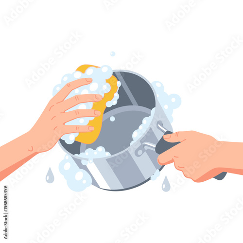 Hands washing a pot with soap and sponge, cleaning kitchenware, hygiene concept
