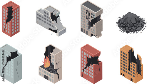 Isometric destroyed buildings set, damaged skyscrapers, cracked structures, rubble pile, disaster aftermath, urban destruction, broken architecture, collapse illustration vector