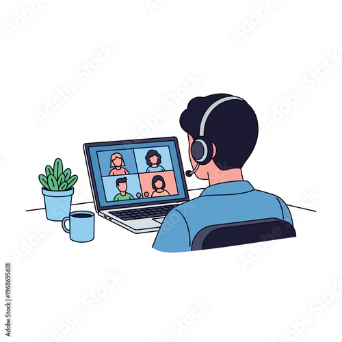 Man wearing headset attending video conference call with colleagues on laptop screen