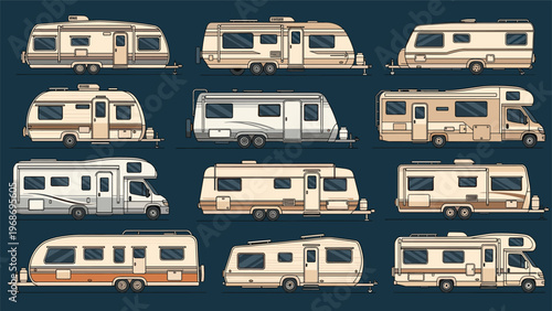 Large collection of different recreational vehicles, motorhomes, and camper trailers for camping and outdoor travel adventures.