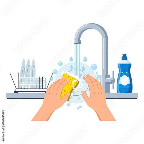 Hands washing dishes with sponge under running water, kitchen sink, dish soap bottle