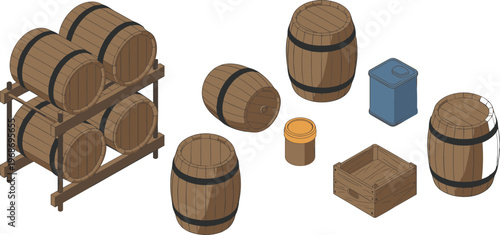 Isometric wooden barrels collection, storage containers, wine casks, warehouse crates, industrial packaging, rustic equipment, logistics supplies, vector illustration