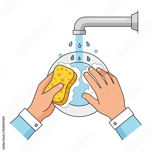 Hands Washing Plate Under Running Water with Sponge and Soap Suds