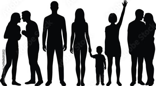 Black silhouette of a diverse group of people including a family couple and individuals isolated on white background for concepts.