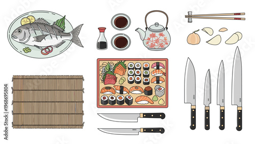 Assortment of Japanese sushi and seafood elements including fresh fish, rolls, soy sauce, a teapot, and professional kitchen knives.