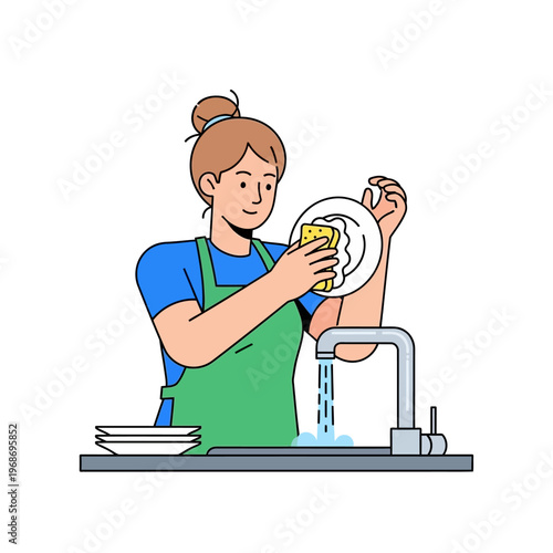Woman washing dishes at kitchen sink with running water and sponge
