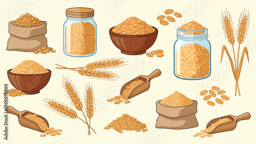 Various depictions of wheat grains in sacks, jars, and bowls along with whole stalks, perfect for themes of farming and nutrition.