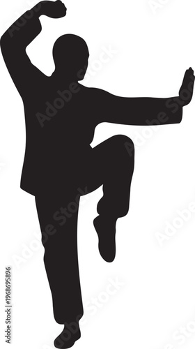 Martial arts master silhouette in kung fu pose, karate training illustration, fighter performing high kick, shaolin monk style combat, sports and fitness training silhouette.