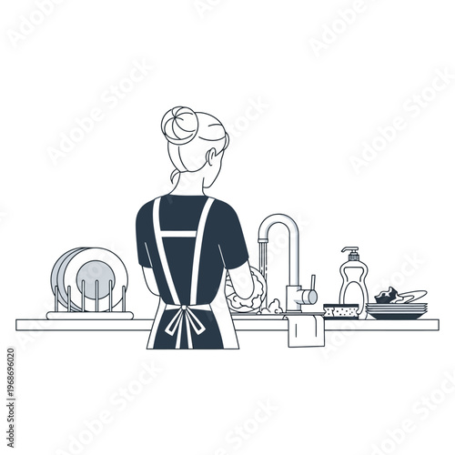 Woman washing dishes in kitchen sink with soap dispenser and drying rack