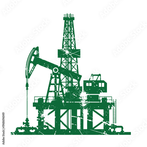 Green oil pump jack rig silhouette with derrick and platform oil rig drilling rig