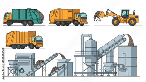 Illustration showing a complete waste management and recycling system with garbage trucks, conveyors, and processing machinery.