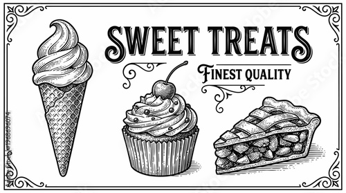 A vintage illustration of sweet treats including an ice cream cone, a cupcake with a cherry, and a slice of pie, with the text "Sweet Treats Finest Quality".