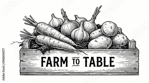A black and white illustration of a wooden crate overflowing with fresh farm produce, including carrots, onions, and potatoes, with the words "FARM TO TABLE" printed on the front.