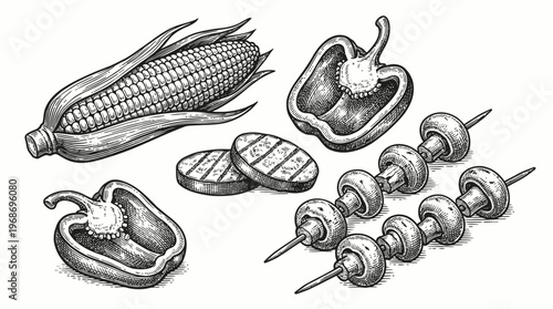 A detailed black and white illustration of fresh vegetables and mushrooms prepared for grilling, featuring corn, bell peppers, and skewers of mushrooms.