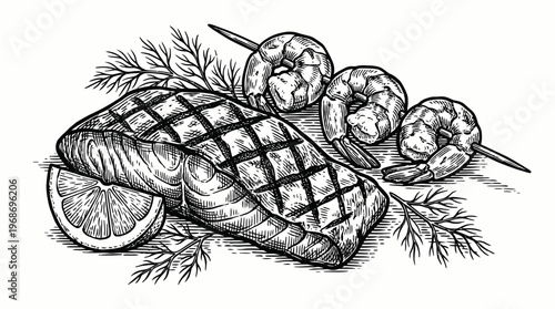 A detailed black and white illustration of a grilled salmon fillet with lemon and shrimp skewers, garnished with dill.