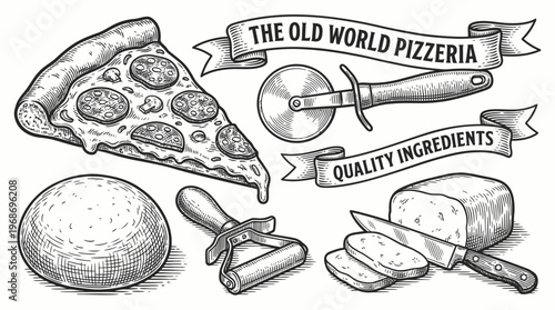 A vintage illustration showcasing the essential elements of pizza making, including a slice of pepperoni pizza, dough ball, pizza cutter, and cheese.